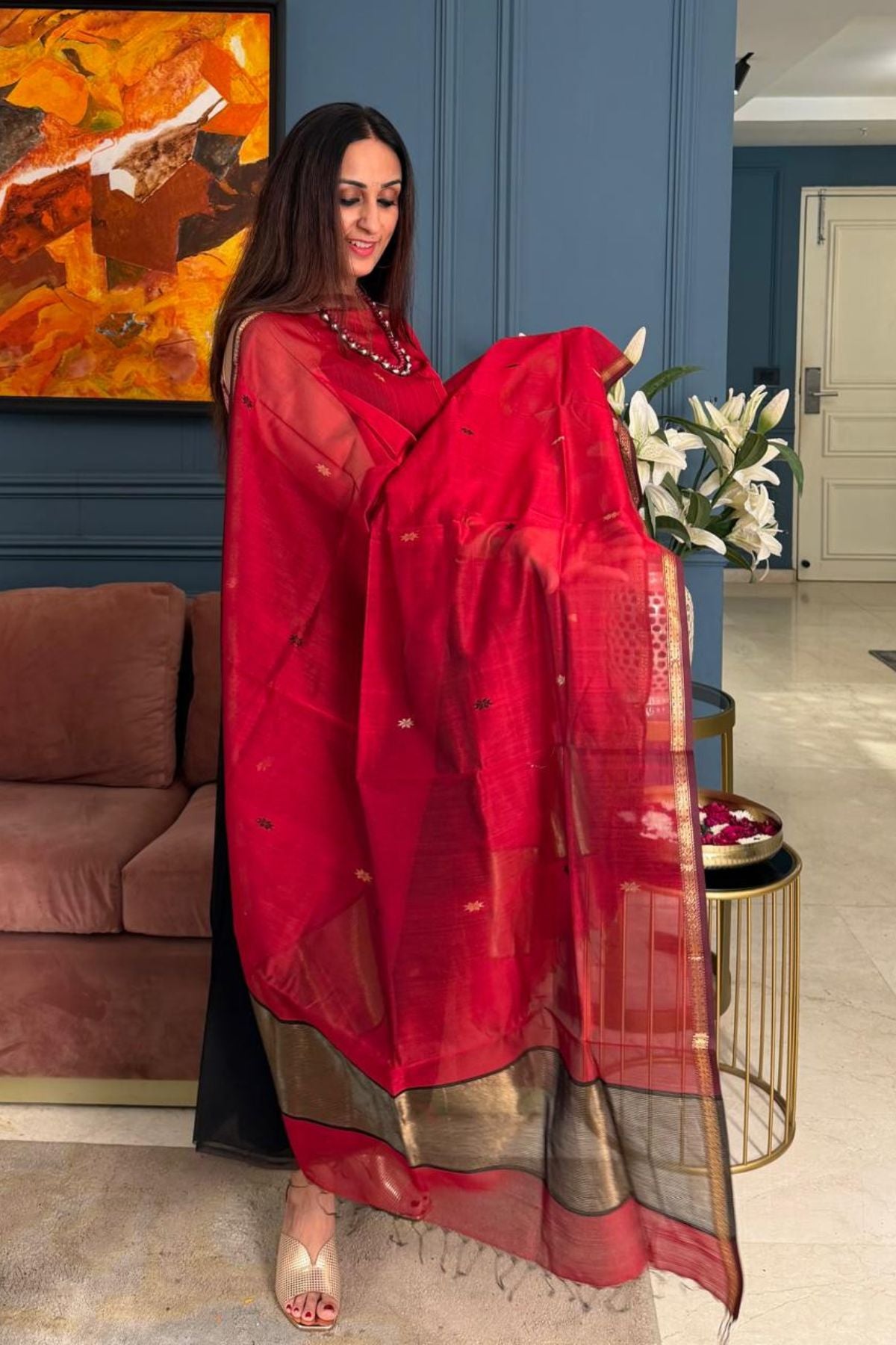 Maheshwari handloom silk by cotton kurta dupatta set